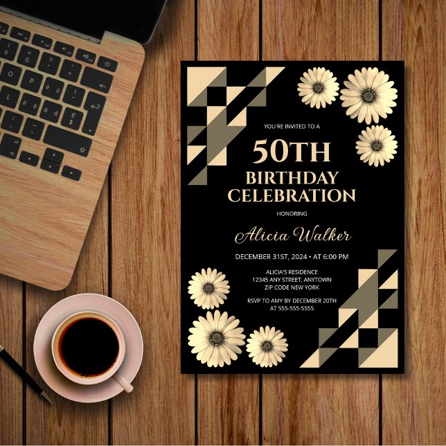 Invitación Yellow Daisy Triangle Geometric Black Birday (Subido por el creador)