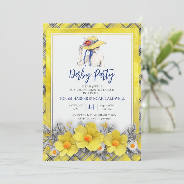 Invitación Yellow Derby Party Invitation Bridal Shower Plaid  (Anverso de pie)