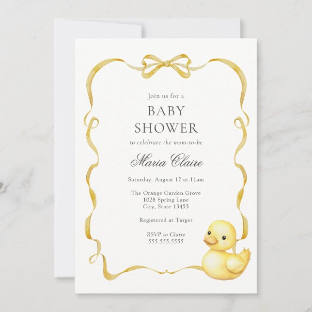 Invitación Yellow Ducky y Ribbons Baby Shower (Anverso)