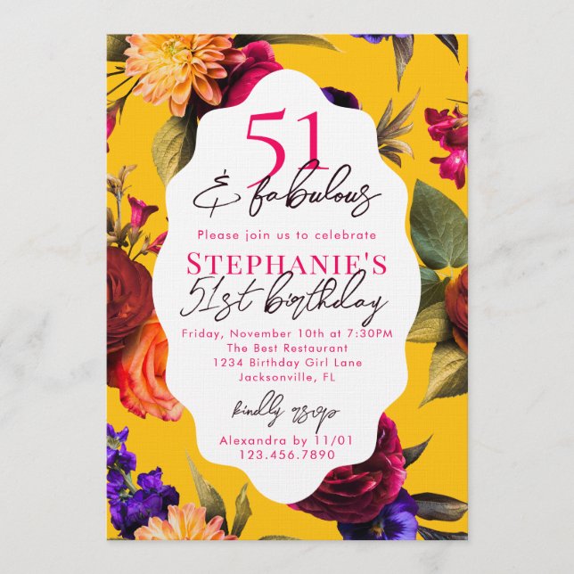 Invitación Yellow Floral 51 & Fabulous 51st Birthday Party (Anverso)