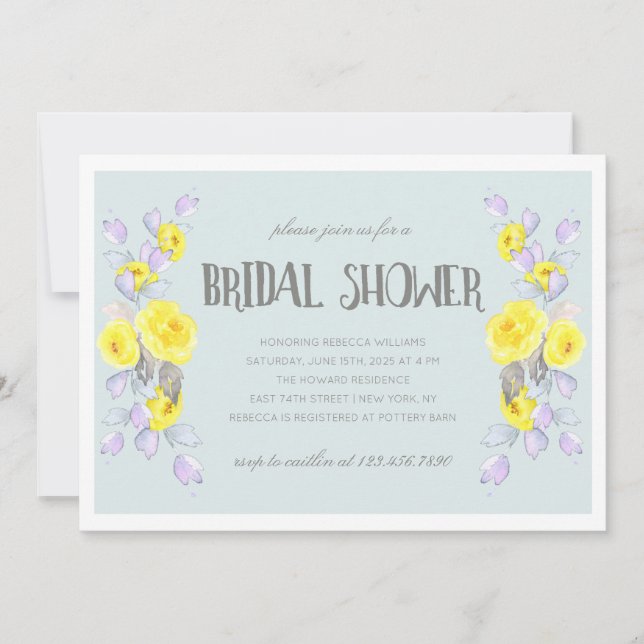 Invitación Yellow flowers and lilac foliage bridal shower (Anverso)