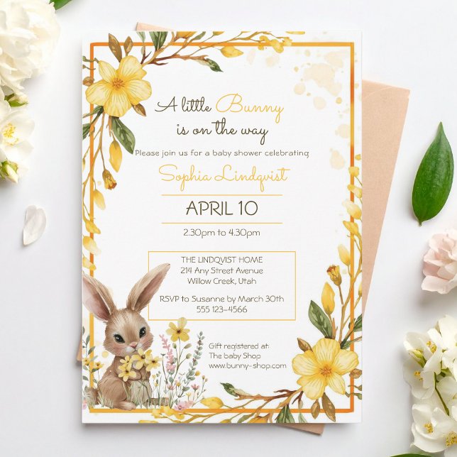 Invitación Yellow Flowers Little Bunny On The Way Baby Shower (Subido por el creador)