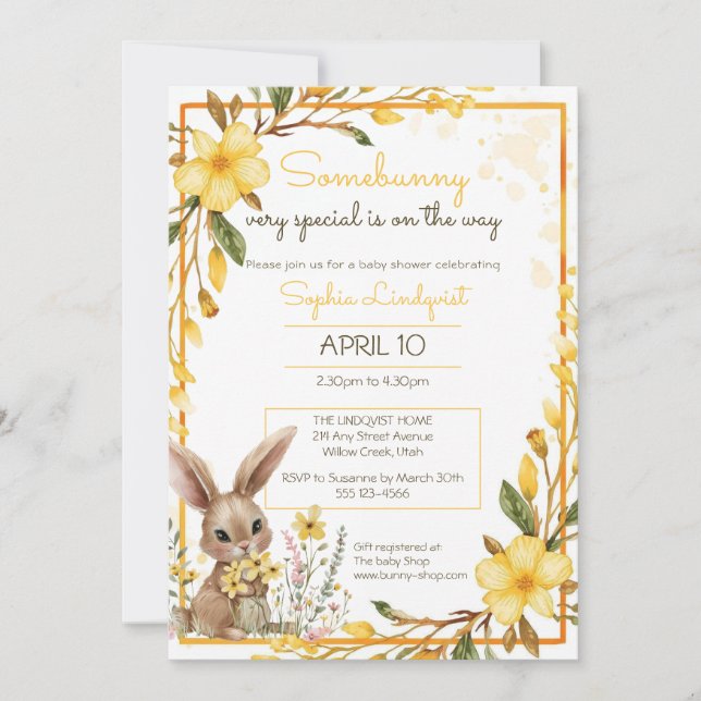 Invitación Yellow Flowers Somebunny On The Way Baby Shower (Anverso)