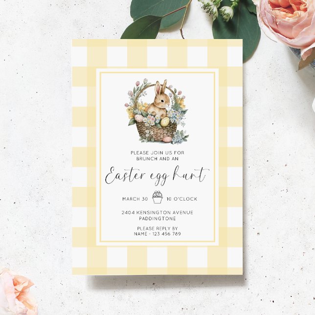 Invitación Yellow Gingham Bunny Easter Egg Hunt (Easter Egg Hunt Invitation Gingham )