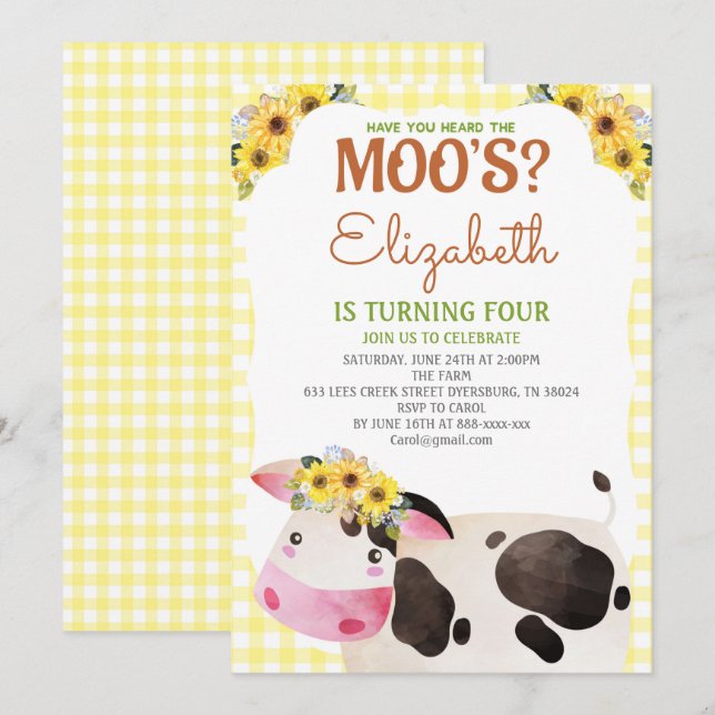 Invitación Yellow Gingham Cow Birthday Farm Animals Barnyard (Anverso / Reverso)
