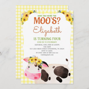 Invitación Yellow Gingham Cow Birthday Farm Animals Barnyard