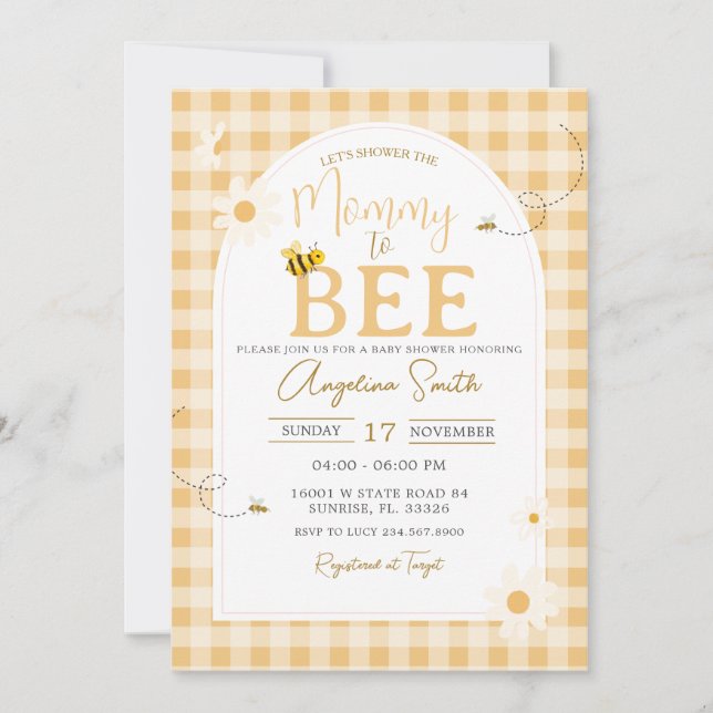 Invitación Yellow Gingham Daisy Bee Mommy To Bee Baby Shower (Anverso)