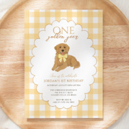 Invitación Yellow Gingham One Golden Year 1Birthday Puppy