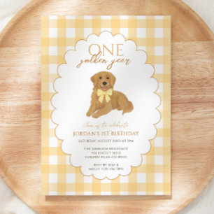 Invitación Yellow Gingham One Golden Year 1Birthday Puppy