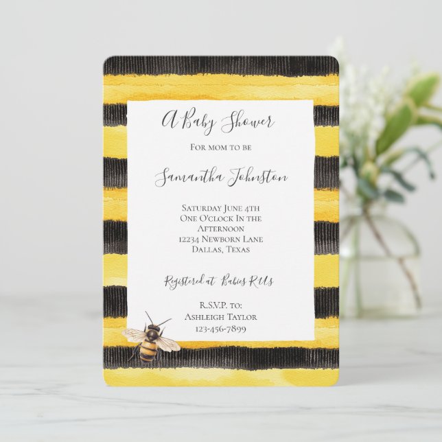 Invitación Yellow Gold Black Stripes Honey Bee Baby Shower (Anverso de pie)