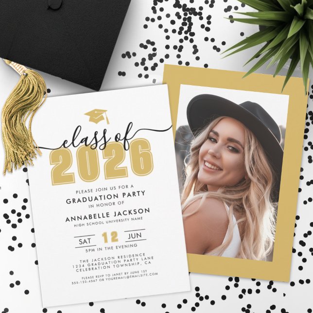 Invitación Yellow Gold Photo Graduation Party (Yellow Gold Photo Graduation Party Invitation)