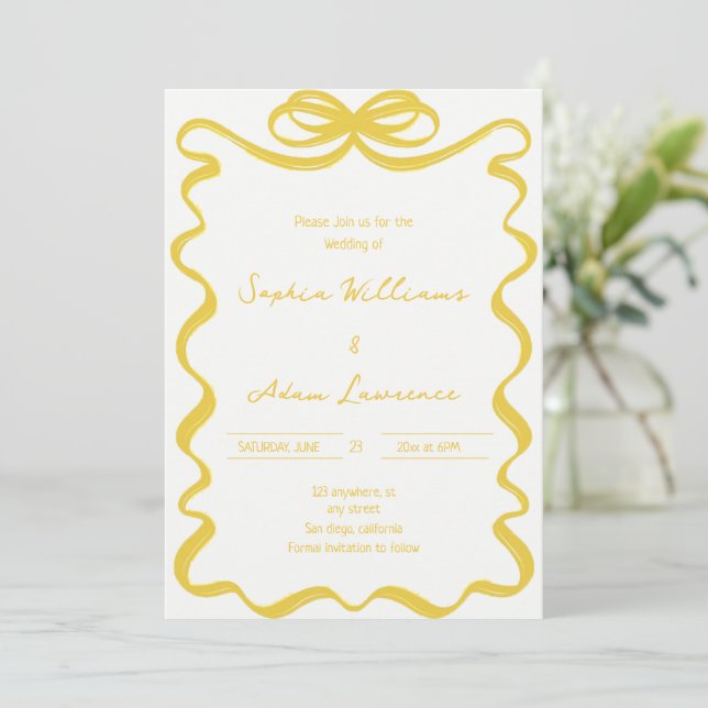 Invitación Yellow Hand Written Pinstripes Whimsical Wedding (Anverso de pie)