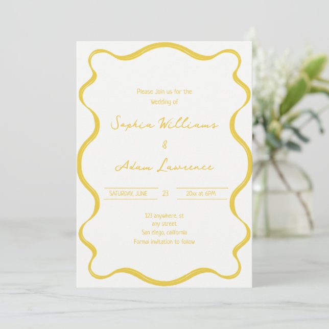 Invitación Yellow Hand Written Pinstripes Whimsical Wedding (Anverso de pie)