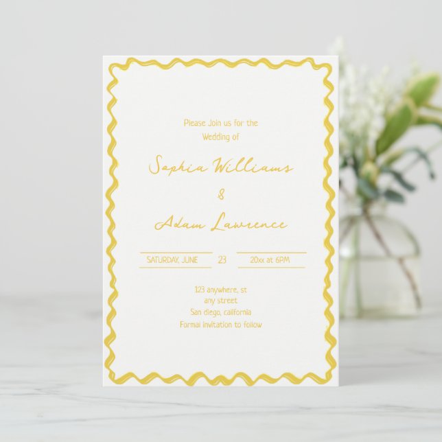 Invitación Yellow Hand Written Pinstripes Whimsical Wedding (Anverso de pie)