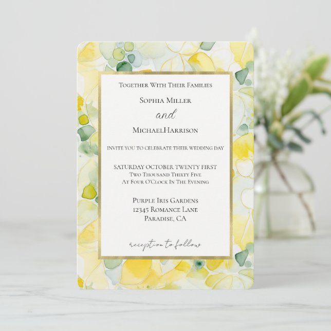 Invitación Yellow Lemon Abstract Wedding (Anverso de pie)