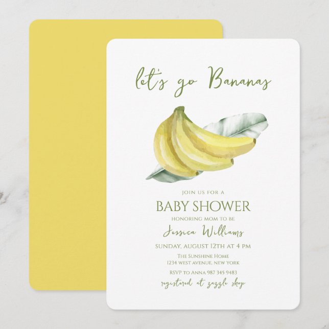 Invitación Yellow Let's Go Bananas Leaves Baby Shower (Anverso / Reverso)