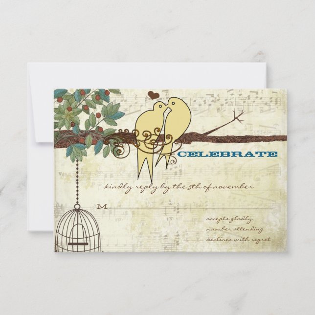 Invitación Yellow Love Birds Sitting In a Tree Wedding RSVP (Anverso)