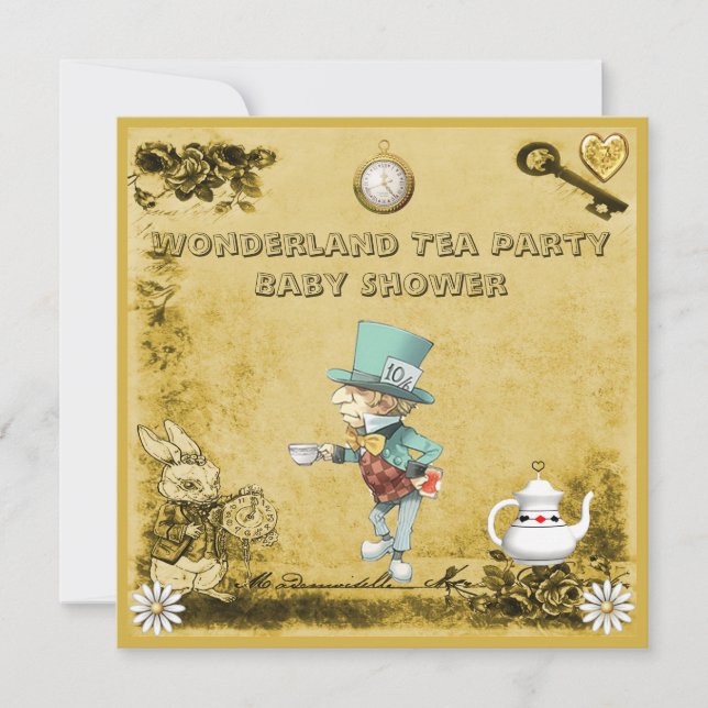 Invitación Yellow Mad Hatter Wonderland Tea Fiesta Baby Showe (Anverso)