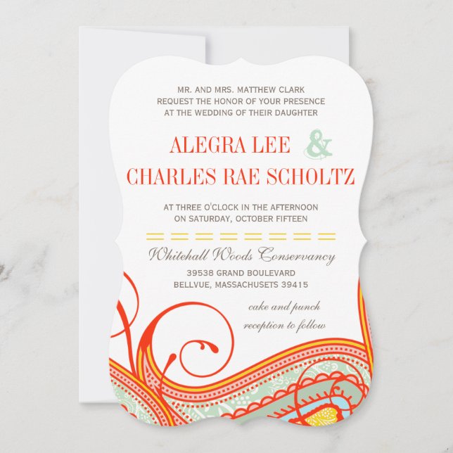 Invitación Yellow Orange Aqua Mint Persimmon Paisley Wedding (Anverso)