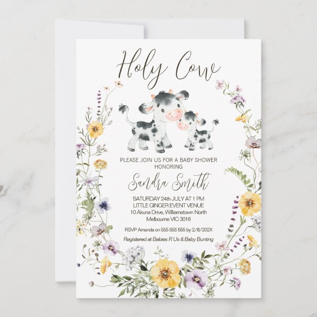 Invitación Yellow Purple Wildflower Holy Cow Baby Shower (Anverso)