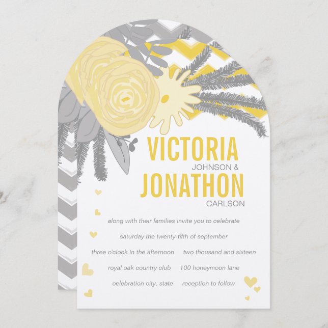 Invitación Yellow Rose and Ferns Gray Zig Zag Wedding (Anverso / Reverso)