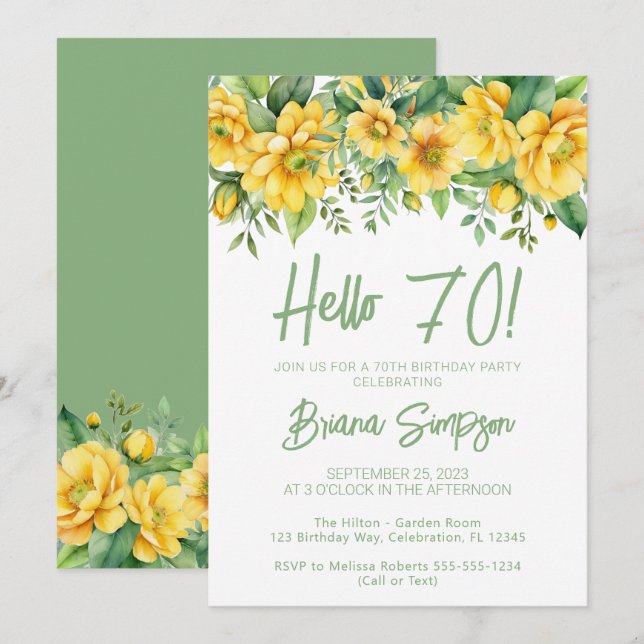 Invitación Yellow Sage Green Floral 70th Birthday Party (Anverso / Reverso)
