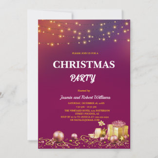 Invitación yellow String Lights Purple Christmas Party 