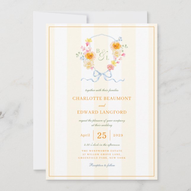 Invitación Yellow Stripe Floral Crest Spring Monogram Wedding (Anverso)