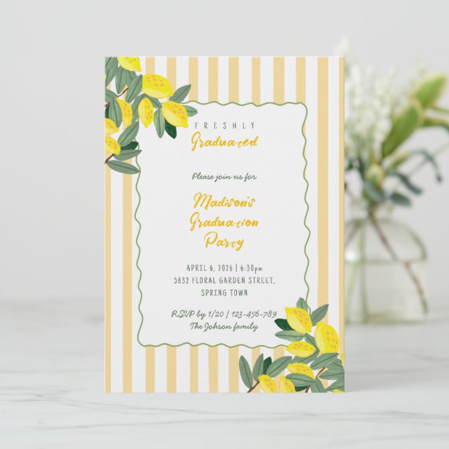 Invitación Yellow Stripe Lemon Graduation Party Invitation (Anverso de pie)