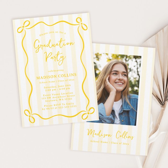 Invitación Yellow Stripes Bow Frame Graduation Party Photo (Subido por el creador)