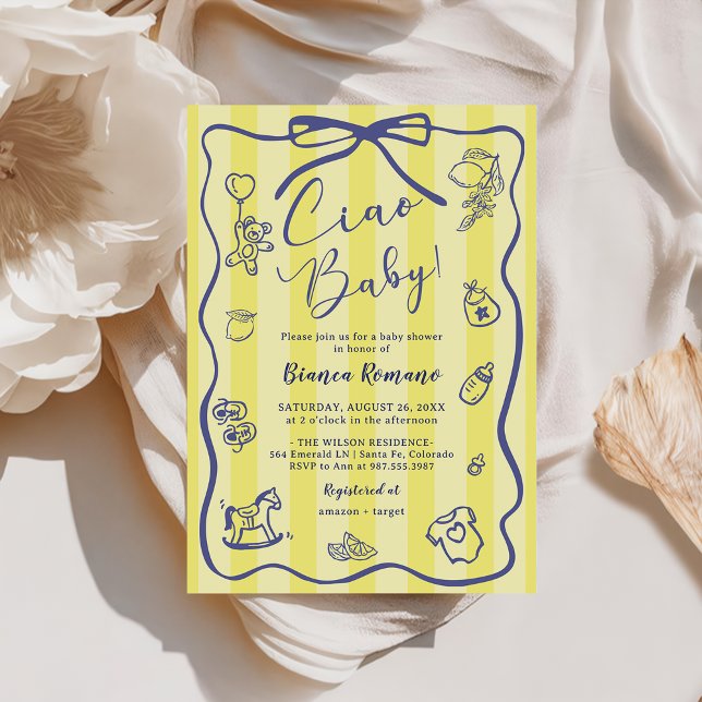 Invitación Yellow Stripes Italian Themed Ciao Baby Shower (Subido por el creador)