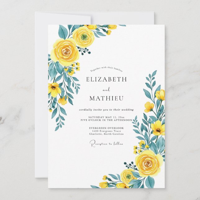 Invitación Yellow Teal Flourishing Spring Wedding (Anverso)