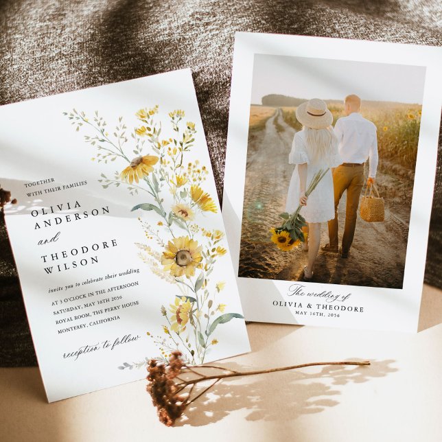 Invitación Yellow Wildflower Sunflower Photo Wedding (Yellow sunflower wildflower photo wedding invitation watercolor floral rustic garden wedding)