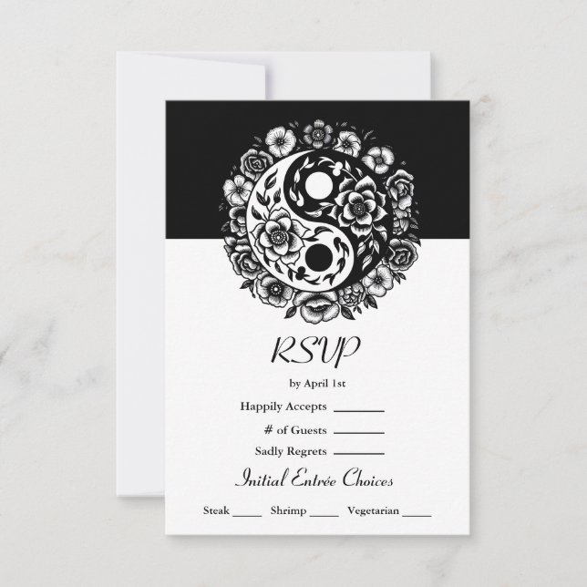 Invitación Yin Yang Wedding RSVP de Floral Negra y Blanca (Anverso)
