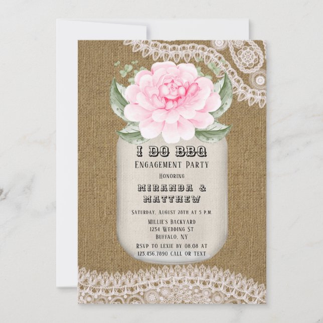 Invitación Yo hago BBQ Mason Jar Pink Peony Engagement Party (Anverso)