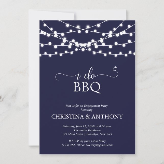 Invitación Yo hago BBQ Rustic String Lights Engagement Party (Anverso)