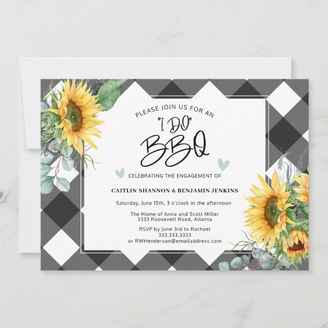 Invitación Yo hago BBQ Sunflower Buffalo Plaid Engagement Par (Anverso)