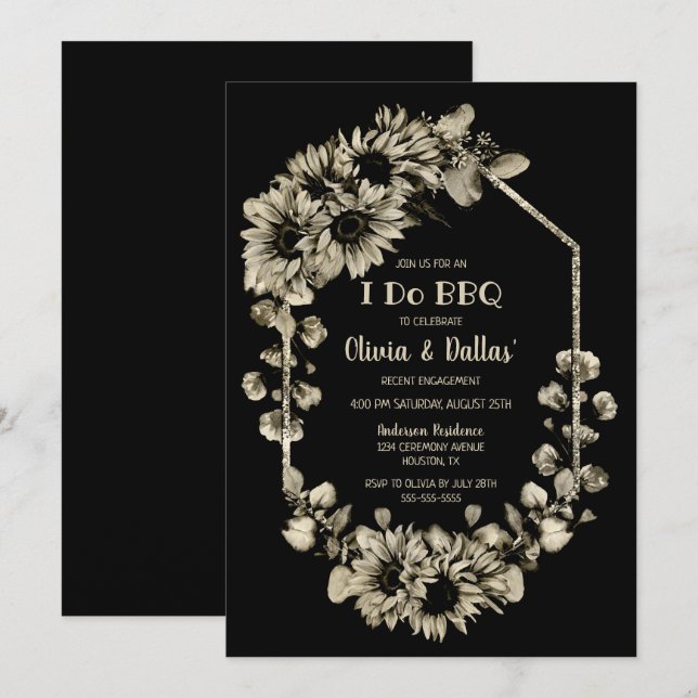 Invitación Yo hago BBQ Sunflower Floral Black Engagement Part (Anverso / Reverso)