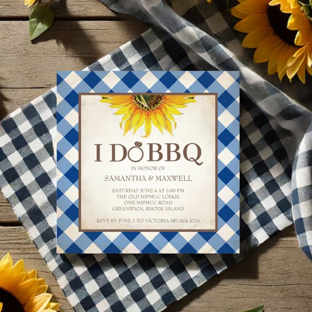 Invitación Yo hago ducha de parrilladas (bbq bridal shower invitations features yellow sunflower and blue gingham print.)
