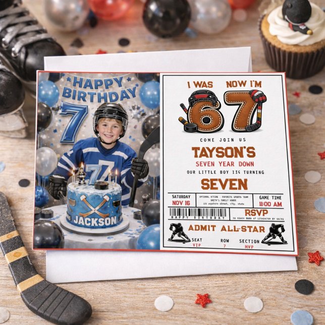 Invitación Yo tenía 6, ahora tengo 7 – Fiesta de cumpleaños d (I Was 6, Now I’m 7 – Hockey 7th Birthday Party Invitation
)