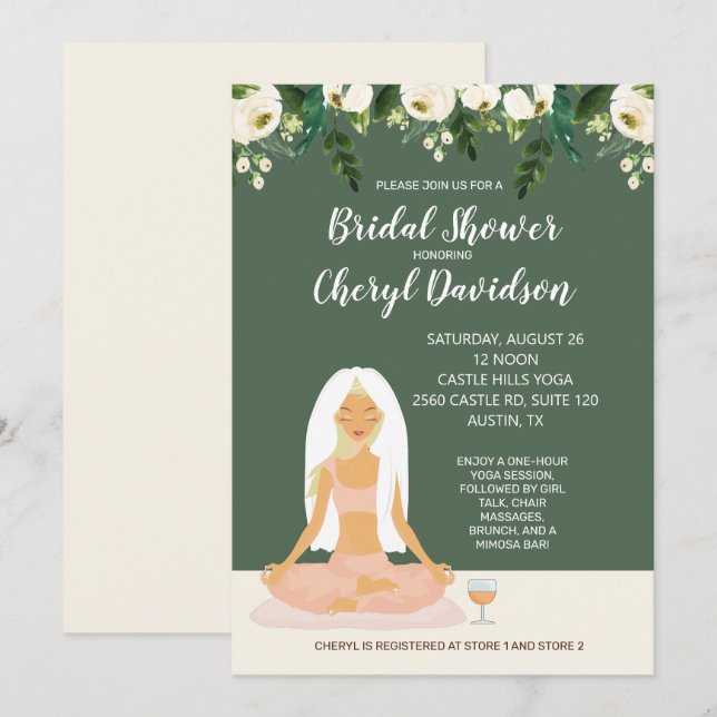 Invitación Yoga Bride Bridal Shower Greenery y Rosas (Anverso / Reverso)