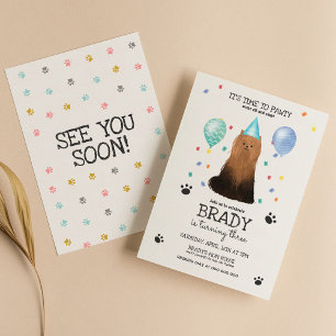 Invitación Yorkie deja a un perro pastoso cachorro azul cumpl
