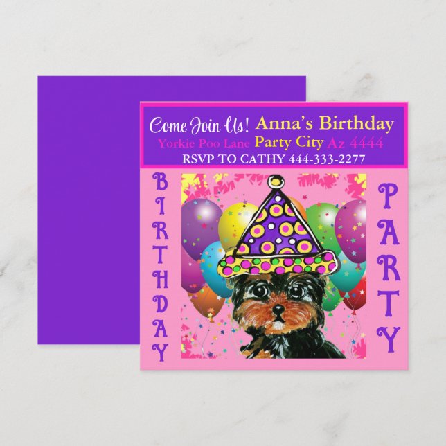 Invitación Yorkie Poo Fiesta (Anverso / Reverso)