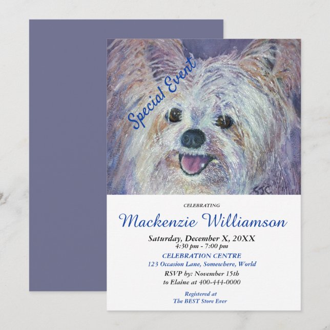 INVITACIÓN YORKIE PUPPY BLANCO DULCE DESEA FELIZ CUMPLEAÑOS (Anverso / Reverso)