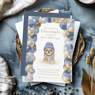 Invitación Yorkie Two Cute Navy Blue Gold Balloon Birday