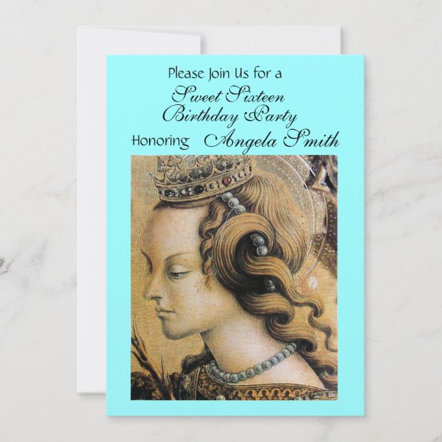 Invitación YOUNG PRINCESS SWEET 16 FIESTA Gold Blue Green (Anverso)