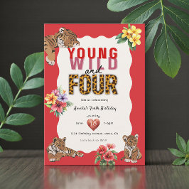 Invitación Young Wild and Four Tiger Floral Birthday
