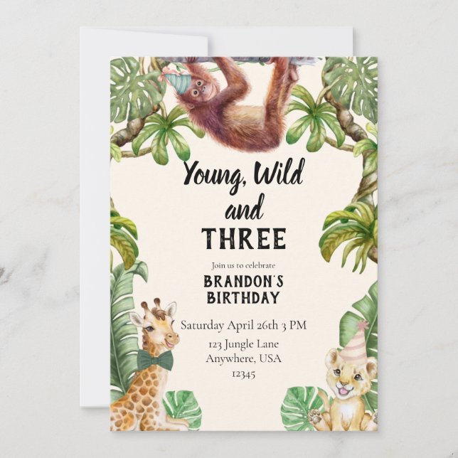 Invitación Young, wild and three (Anverso)