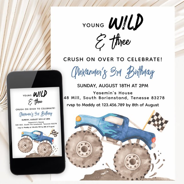 Invitación Young Wild and Three Birthday Blue Monster Truck (Subido por el creador)