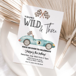 Invitación Young Wild and THREE Blue Race car 3rd birthday